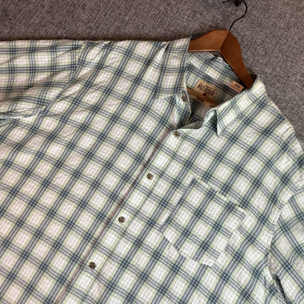Mens Red Head Brand Co Shirt | Size 3XL | Green Blue Plaid‎ Seersucker